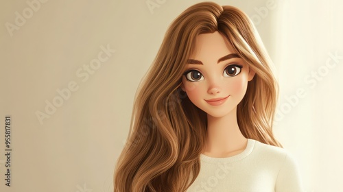 Portrait of a Smiling Cartoon Woman with Long Brown Hair photo