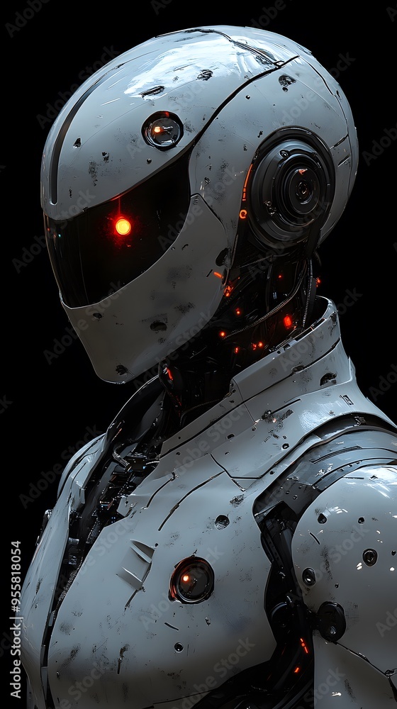 A Close-Up of a Futuristic, White, Worn Robot with Glowing Red Eyes A Close-Up of a Futuristic, White, Worn Robot with Glowing Red Eyes