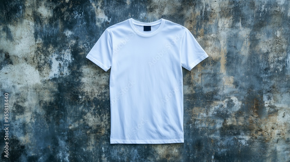 A plain white t-shirt hanging against a textured concrete wall showcasing simplicity and urban style during daylight hours A plain white t-shirt hanging against a textured concrete wall showcasing simplicity and urban style during daylight hours
