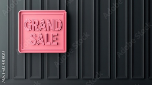 Eye-catching grand sale sign in pink against a stylish black wall, perfect for advertising promotions and discounts.