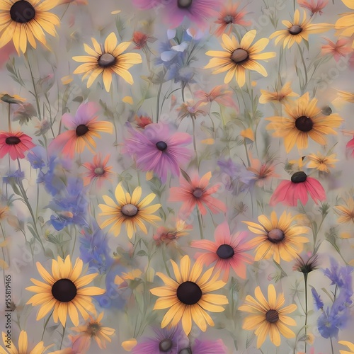 Wildflower Whimsy: A mix of bright, colorful wildflowers, including Black-Eyed Susans, Cosmos, and Lupines, set against a soft, gradient background.