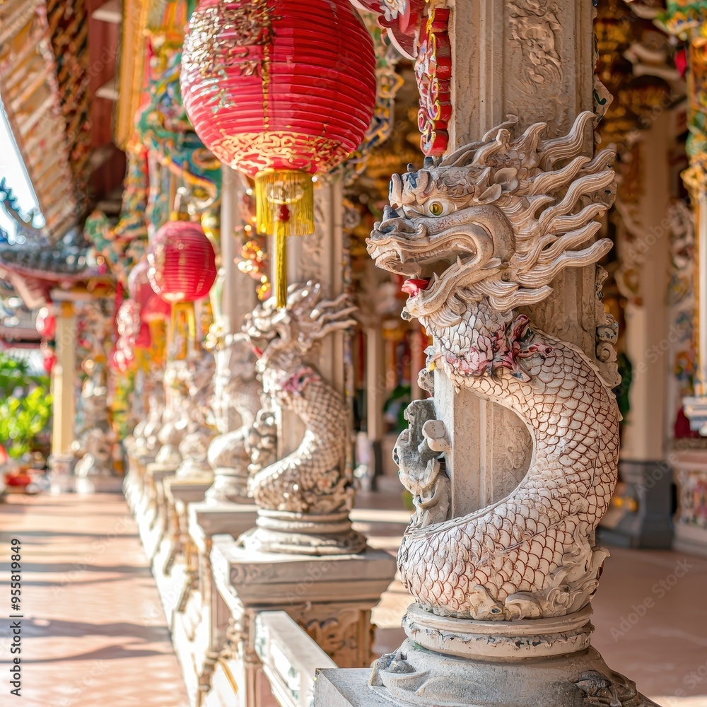 Fototapeta premium Dragon Statue Detail in Chinese Temple with Red Lanterns