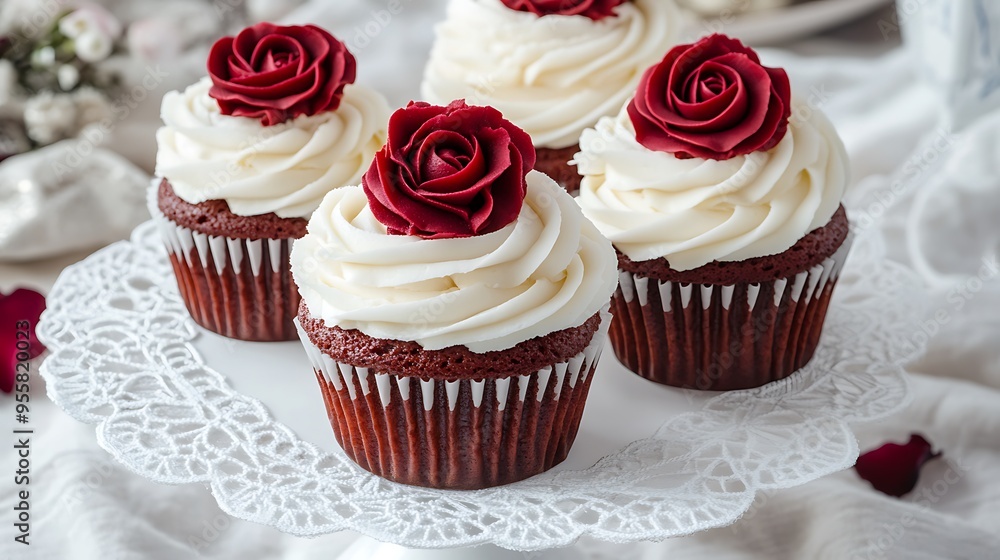 Three red velvet cupcakes with white frosting and red rose decorations on a white cake stand. Three red velvet cupcakes with white frosting and red rose decorations on a white cake stand.