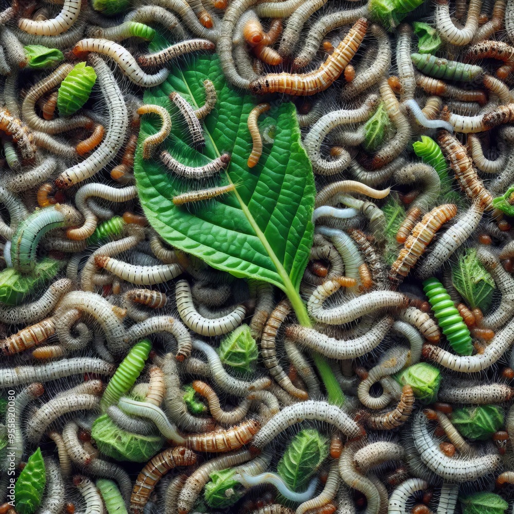 Fototapeta premium Caterpillars are eating leaves and fruit for their own growth at the days