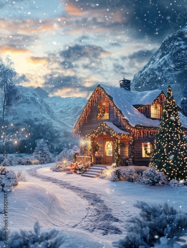 Weihnachtlich dekoriertes Haus in verschneiter Landschaft mit festlichen Lichterketten und Schnee auf dem Dach, Weihnachtsbaum im Garten, Weihnachtsstimmung, Berge und Schneelandschaft