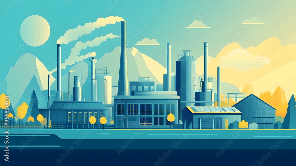 Obraz premium A man in an orange vest stands in front of a large industrial plant. The sky is orange and the sun is setting. The man is wearing a hard hat and he is a worker at the plant