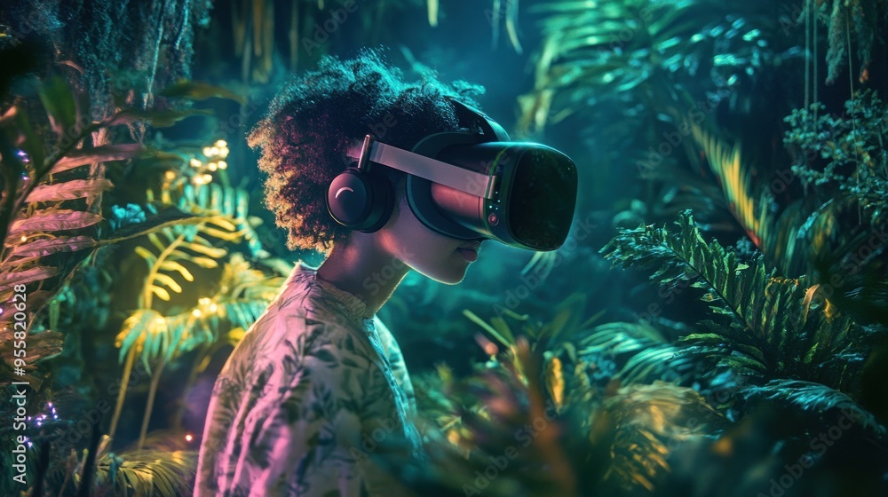 Young Woman Experiencing Virtual Reality in a Lush Tropical Setting Young Woman Experiencing Virtual Reality in a Lush Tropical Setting