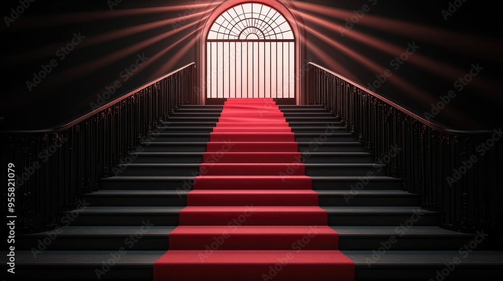 Naklejka premium A grand staircase with a red carpet leading to a radiant doorway, illuminated by beams of light, evoking elegance and mystique.