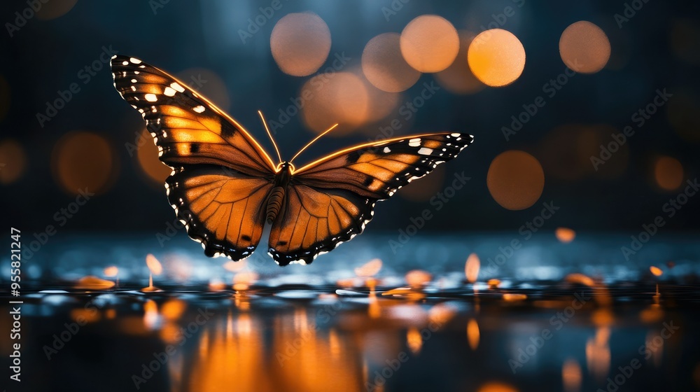 A stunning butterfly with intricate orange and black wings gracefully flying amidst sparkling bokeh lights. A stunning butterfly with intricate orange and black wings gracefully flying amidst sparkling bokeh lights.