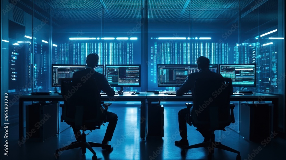 Two Silhouetted Figures Working in a Modern Server Room Two Silhouetted Figures Working in a Modern Server Room