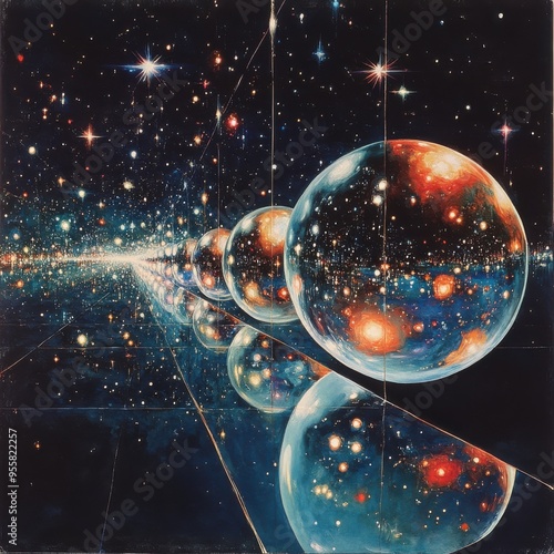 Abstract representation of parallel universes with interconnected nodes.