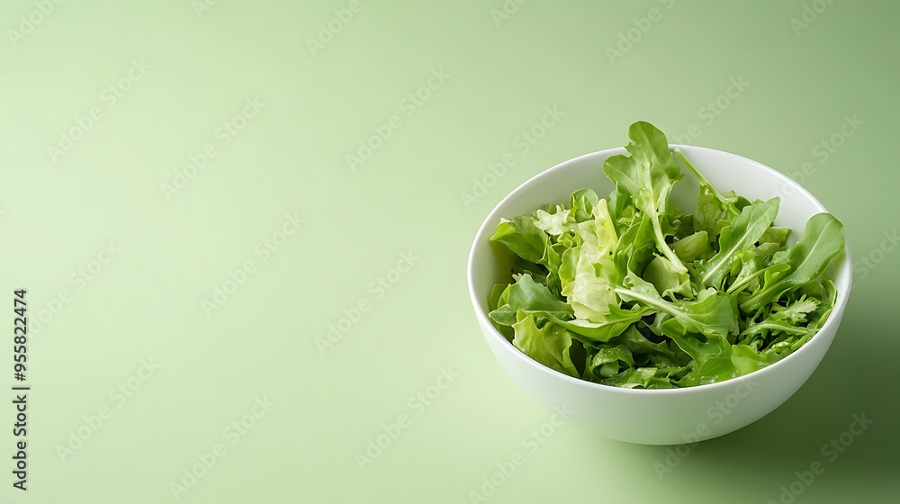 Fresh Green Salad in White Bowl on Light Green Background Fresh Green Salad in White Bowl on Light Green Background