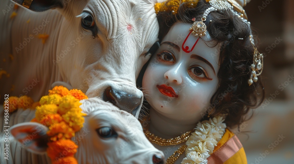 Cute Little Baby Krishna with Sacred Cow: Hindu God Lord Krishna with Calf, Celebrating Krishna Janmashtami, Govardhan Puja, and Vasubaras Cute Little Baby Krishna with Sacred Cow: Hindu God Lord Krishna with Calf, Celebrating Krishna Janmashtami, Govardhan Puja, and Vasubaras