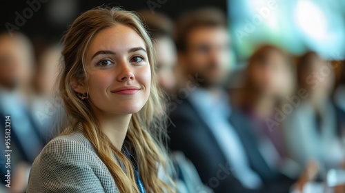 Business professionals seated in a row, attentively listening to a presentation at a conference or meeting, highlighting the focus and engagement of attendees.