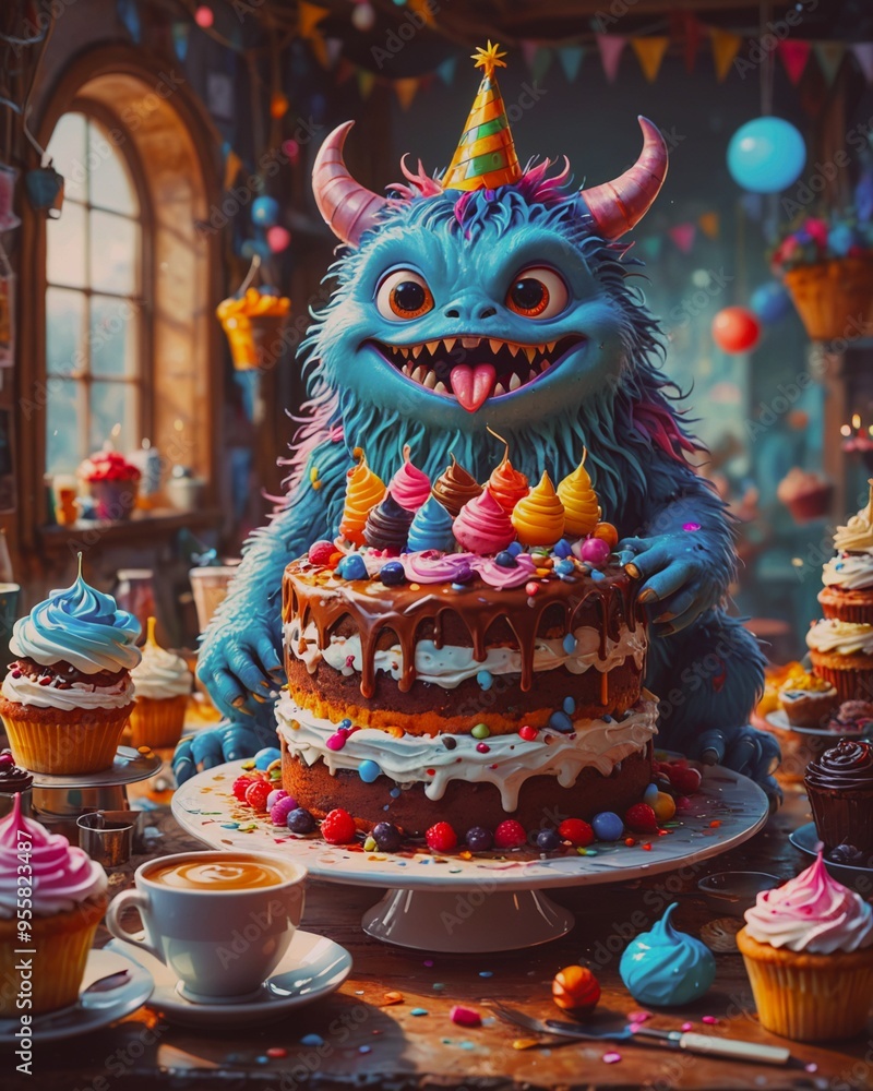 Fototapeta premium Little monster with a birthday cake.