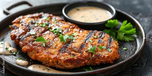 Beefsteak coated in seasoned flour known as chicken fried steak or country fried steak CFS served with black pepper sauce