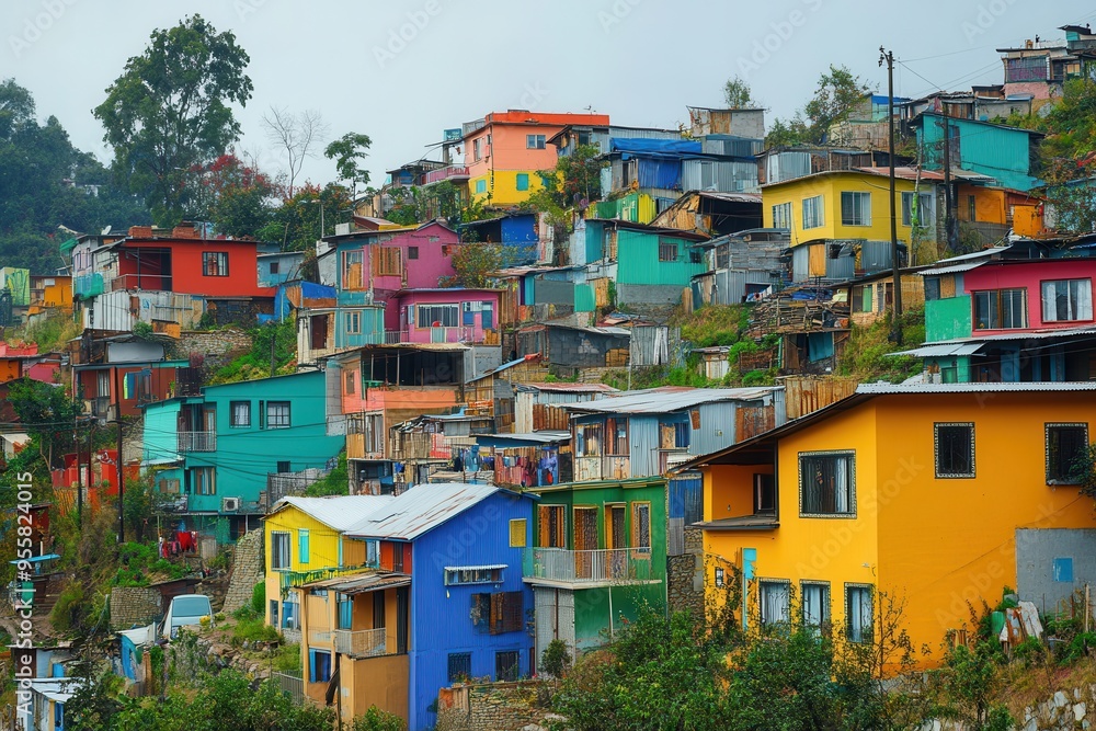 Fototapeta premium Luxurious villas contrast sharply with dilapidated shanties, highlighting the stark social inequality in this vibrant neighborhood. Generative AI