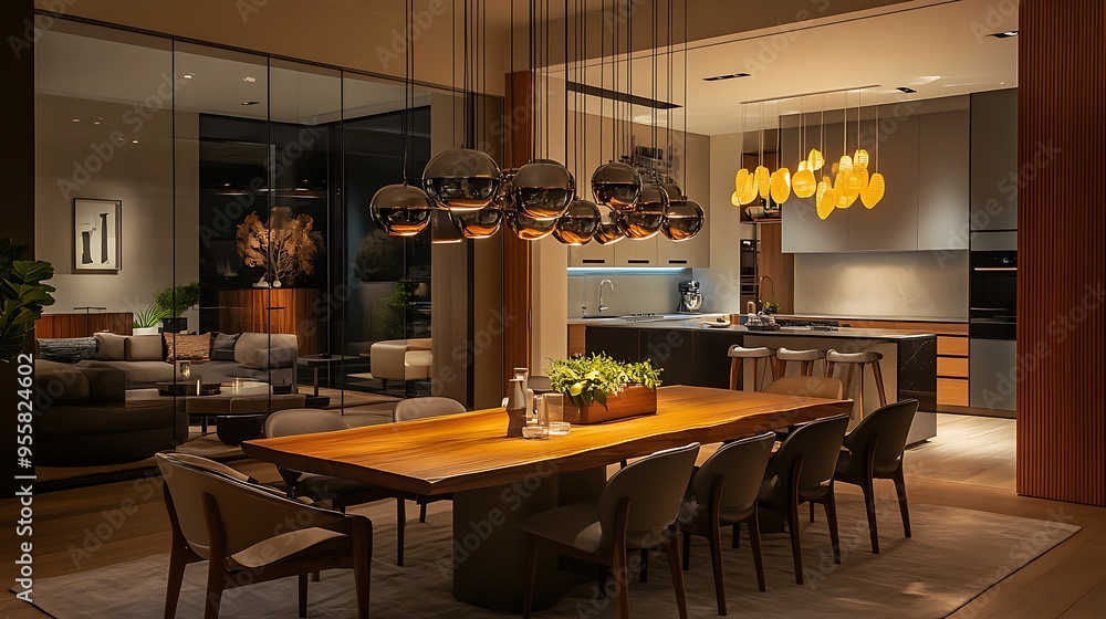 Contemporary Dining Room with Large Table, Stylish Chairs, and Chandelier Contemporary Dining Room with Large Table, Stylish Chairs, and Chandelier