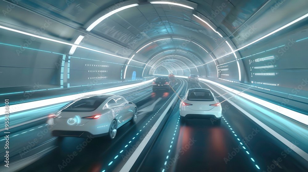 Futuristic cars driving through a glowing tunnel. Futuristic cars driving through a glowing tunnel.