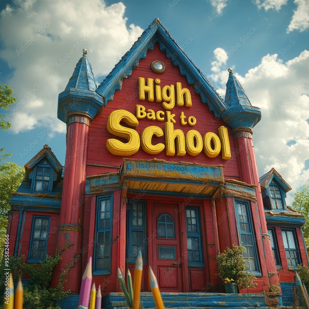 Old Red Schoolhouse with Yellow Back to School Sign Illustration