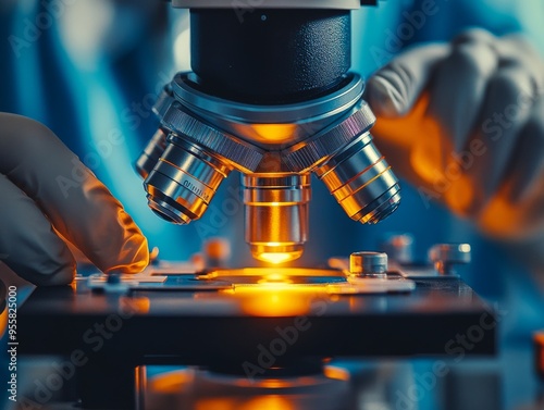 Hands of a scientist examining microscopic samples with the microscope lens and various lab tools