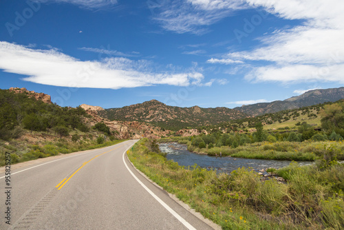 Road beside the Arkansas River flowing through Royal Gorge Canyon, Colorado