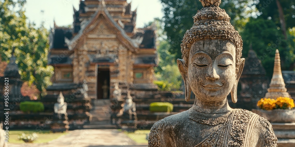 Ancient Buddha Statue in Temple with Blurred Background Ancient Buddha Statue in Temple with Blurred Background