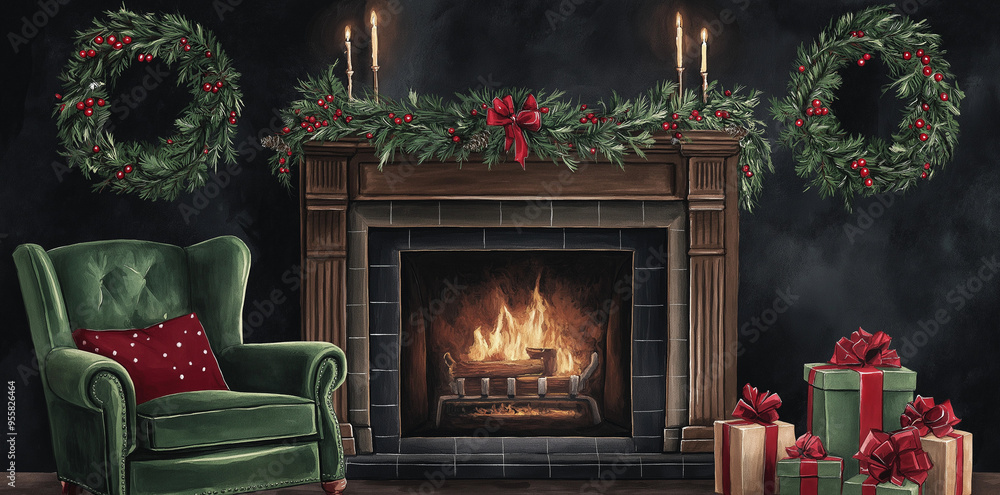 Christmas fireplace watercolor clipart illustration Christmas fireplace watercolor clipart illustration