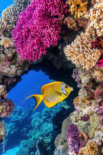 Yellow Striped Angelfish Swimming Through Coral Reef