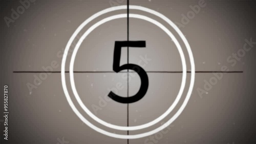 Old movie film countdown. Vintage defocus film look, flicker, grain, scratch effect. Animation.