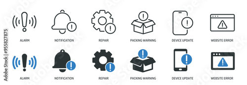 Alarm, alert, and risk line and glyph solid icons collection. Minimal icon and symbol series vector illustration