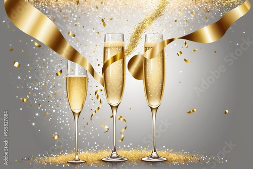 Celebration with champagne glasses on bokeh golden glitters background photo