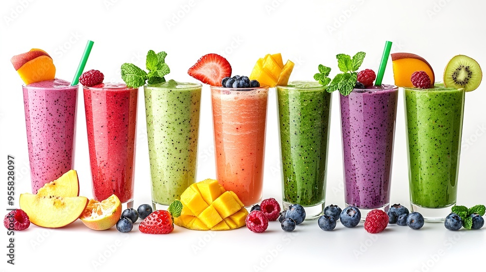 Rainbow of Flavors: A vibrant array of smoothies with fresh fruit garnishes, a tantalizing visual feast for the senses, showcasing a healthy and delicious way to start your day. Rainbow of Flavors: A vibrant array of smoothies with fresh fruit garnishes, a tantalizing visual feast for the senses, showcasing a healthy and delicious way to start your day.