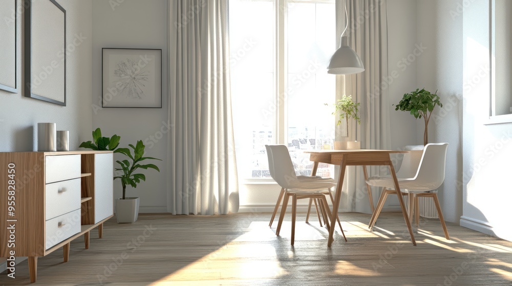 Modern Dining Room Interior with Wooden Table and White Chairs Modern Dining Room Interior with Wooden Table and White Chairs