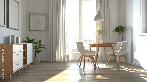 Modern Dining Room Interior with Wooden Table and White Chairs