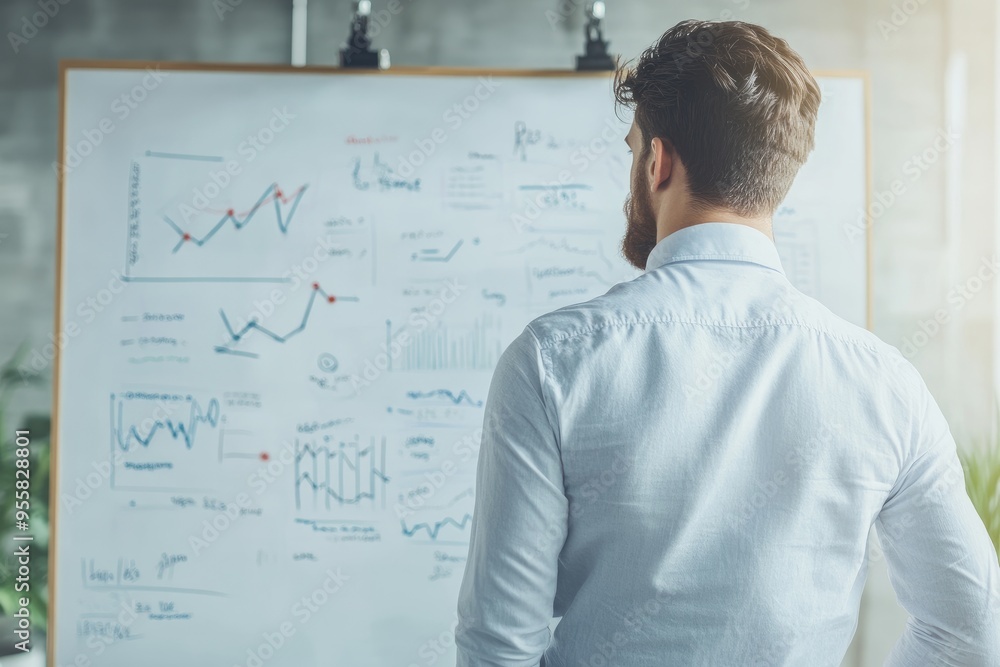 A businessman standing at a whiteboard and writing strategic goals and action steps A businessman standing at a whiteboard and writing strategic goals and action steps