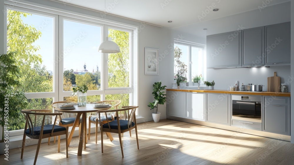 Fototapeta premium Modern Kitchen and Dining Area with Large Window and Natural Light