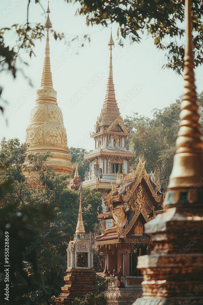 Fototapeta premium Golden Pagoda in a Tropical Landscape