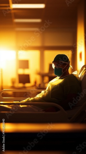 A healthcare worker in personal protective equipment sits calmly in a hospital, illuminated by warm sunlight, symbolizing hope.