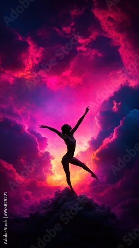 Wallpaper Mural A silhouette of a dancer leaps against a vibrant sunset, embodying freedom and joy amidst a spectacular cloud backdrop. Torontodigital.ca