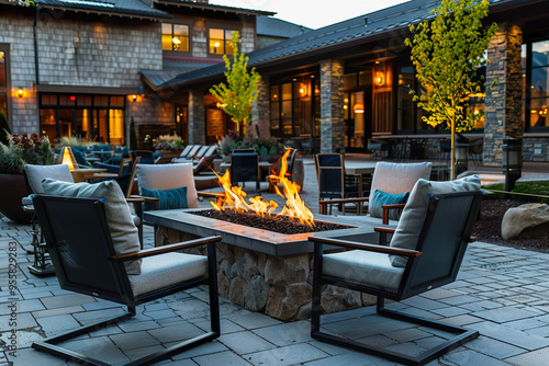 A patio with a fire pit and a stone wall, photo