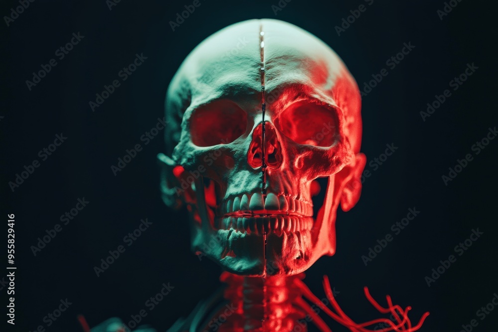 A striking and detailed skull illuminated by dramatic red lighting against a dark background, showcasing intricate bone structure. A striking and detailed skull illuminated by dramatic red lighting against a dark background, showcasing intricate bone structure.