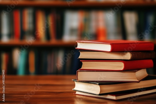 A stack of colorful books on a wooden table, with a blurred bookshelf in the background, perfect for educational or literary themes.