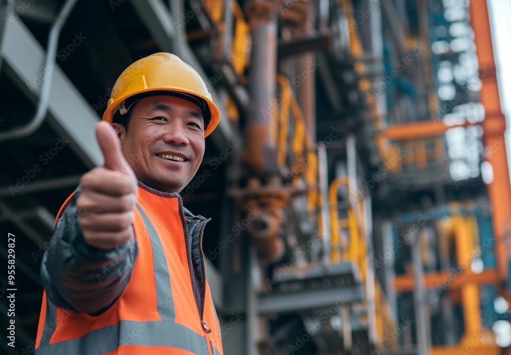 Construction worker wearing a hard hat and safety vest with hand gesture Construction worker wearing a hard hat and safety vest with hand gesture