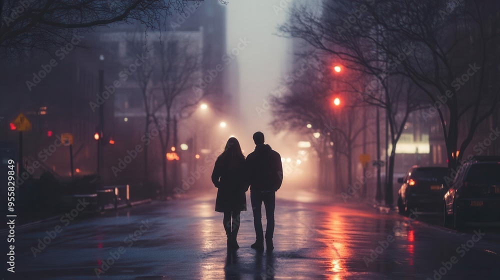 A couple standing in the middle of an empty street, the distance between them growing.