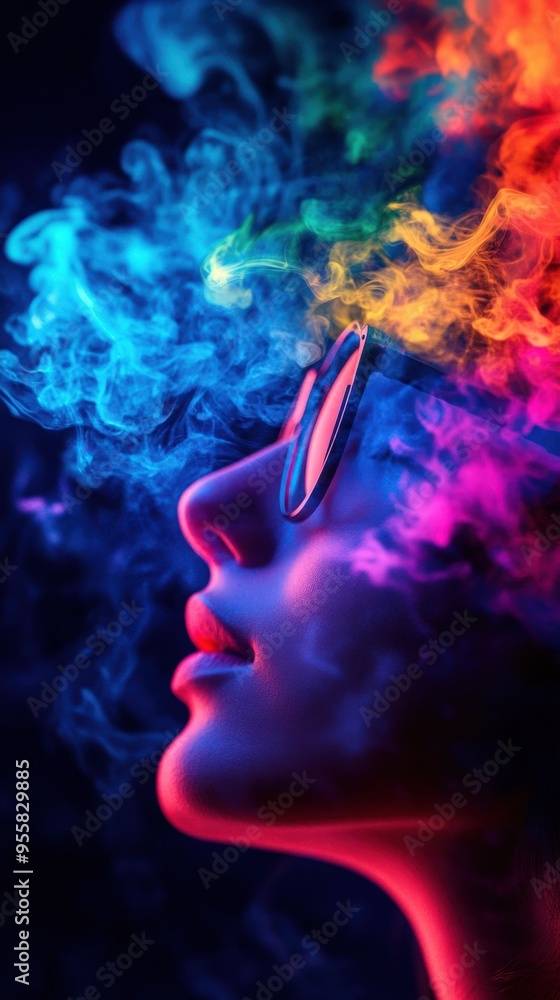 A vibrant profile of a person with colorful smoke and light effects creating a surreal atmosphere and artistic expression. A vibrant profile of a person with colorful smoke and light effects creating a surreal atmosphere and artistic expression.