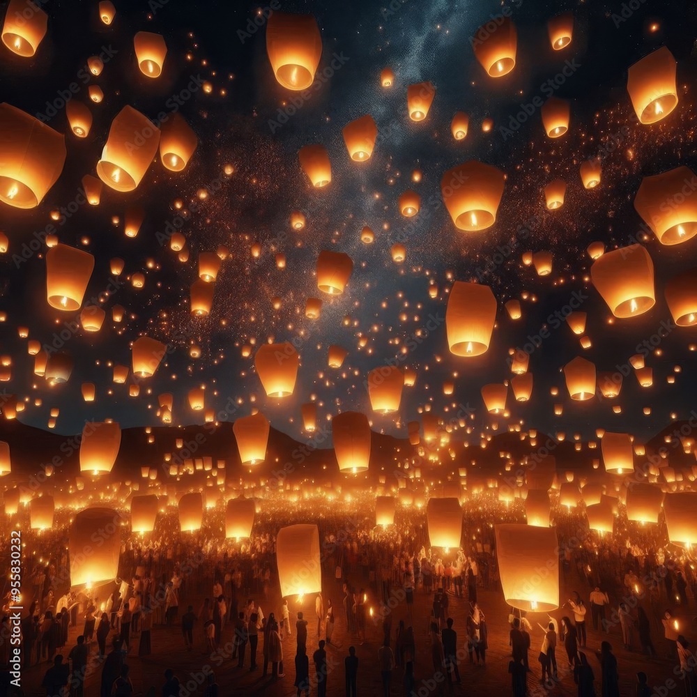 Large Group of Chinese Lanterns Floating in the Night Sky Large Group of Chinese Lanterns Floating in the Night Sky