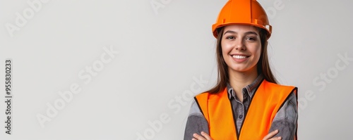 Engineer wearing an orange safety vest and helmet on white background photo