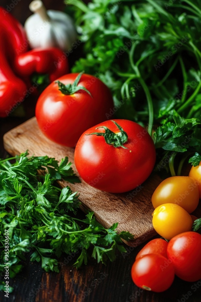 Fresh tomatoes and herbs arranged on a wooden board, perfect for healthy cooking and vibrant culinary presentations. Fresh tomatoes and herbs arranged on a wooden board, perfect for healthy cooking and vibrant culinary presentations.