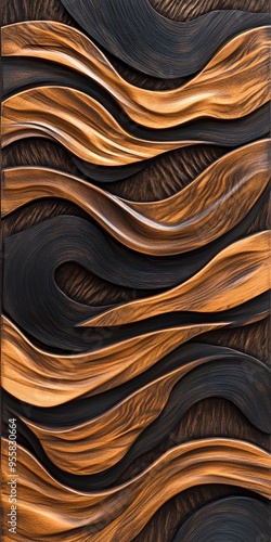 Wooden Waves Abstract Art: Dark and golden wood create a mesmerizing abstract art piece, showcasing flowing, wavy patterns with a rich, textured look. Perfect for modern interiors. 